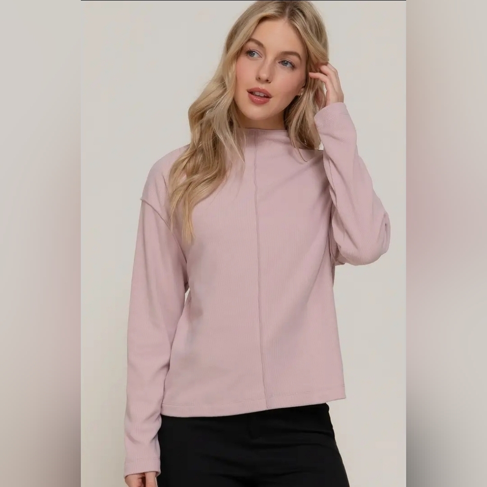 Long Sleeve Visible Overlocked Seams Detail Brushed Rib Top - Picture 2 of 4